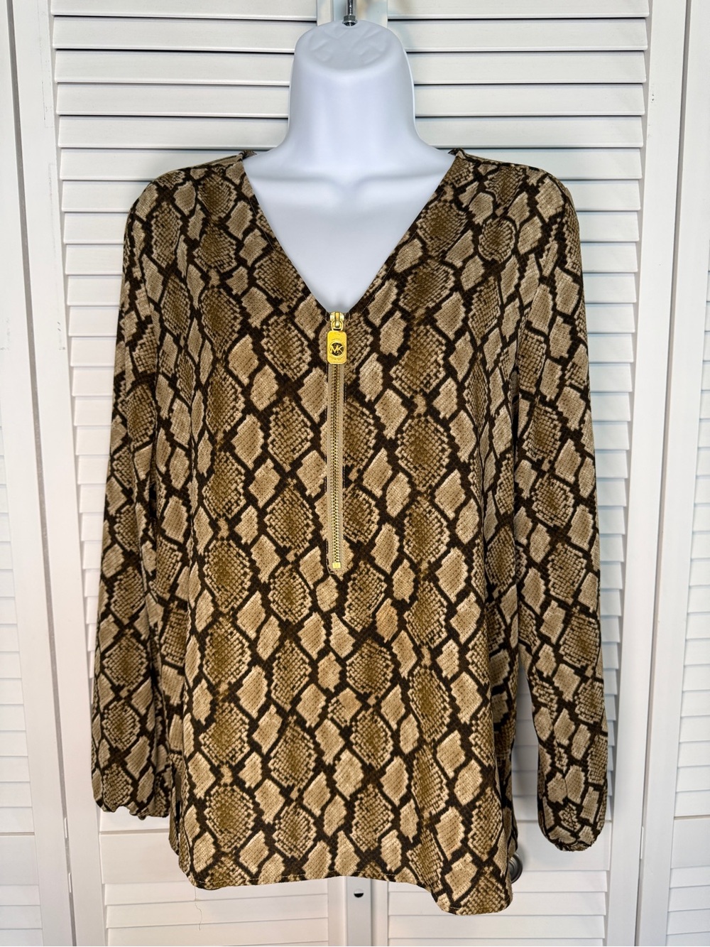 Michael Kors Womens Animal Print Snake Skin Gold Zip Blouse Small